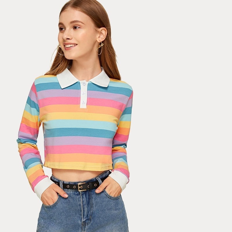 

Rainbow Stripe Long Sleeve Polo Tee, Multicolor