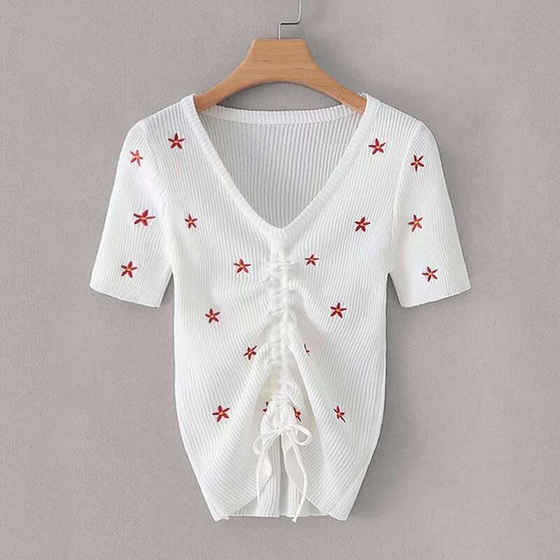 

Embroidered Rib-Knit Drawstring Knit Top, White