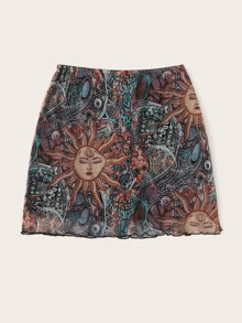 SHEIN Unity Abstract Print Lettuce Trim Mesh Skirt - Multicolor - View 2