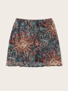 SHEIN Unity Abstract Print Lettuce Trim Mesh Skirt - Multicolor - View 3