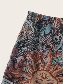 SHEIN Unity Abstract Print Lettuce Trim Mesh Skirt - Multicolor - View 4