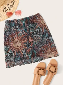 SHEIN Unity Abstract Print Lettuce Trim Mesh Skirt - Multicolor - View 1