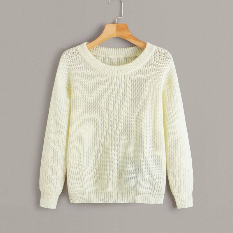 

Solid Drop Shoulder Pullover Sweater, Beige