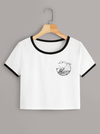Camiseta ringer unida en contraste con estampado de paisaje