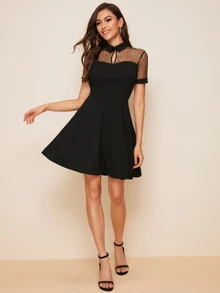 SHEIN Sweetheart Neck Dot Mesh Skater Dress - Black - View 3