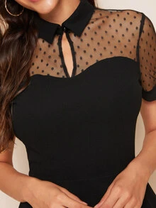 SHEIN Sweetheart Neck Dot Mesh Skater Dress - Black - View 5