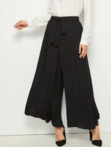 Modelyn Elastic Waist Tie Front Super Palazzo Pants - Black - View 4