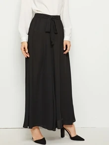 Modelyn Elastic Waist Tie Front Super Palazzo Pants - Black - View 5