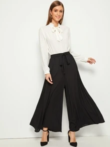 Modelyn Elastic Waist Tie Front Super Palazzo Pants - Black - View 3