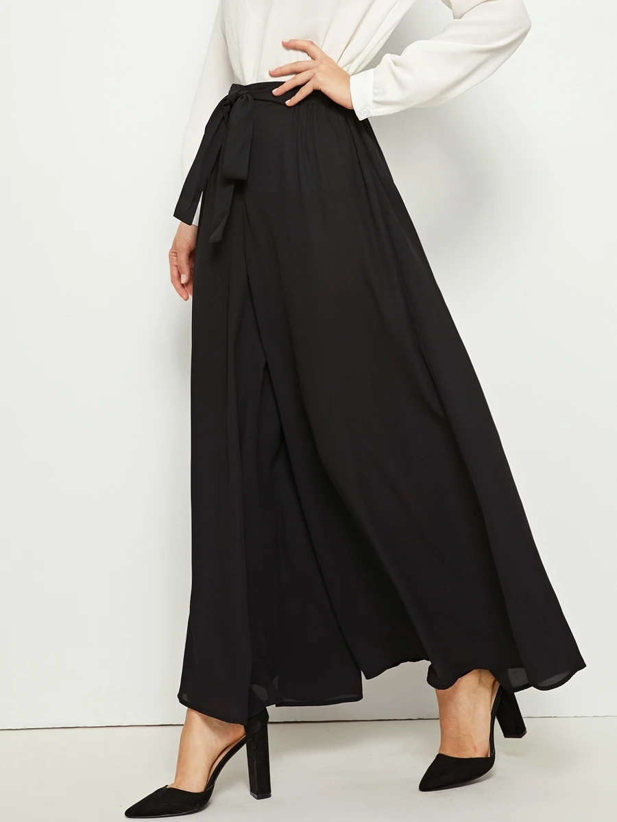 Modelyn Elastic Waist Tie Front Super Palazzo Pants - Black - View 1