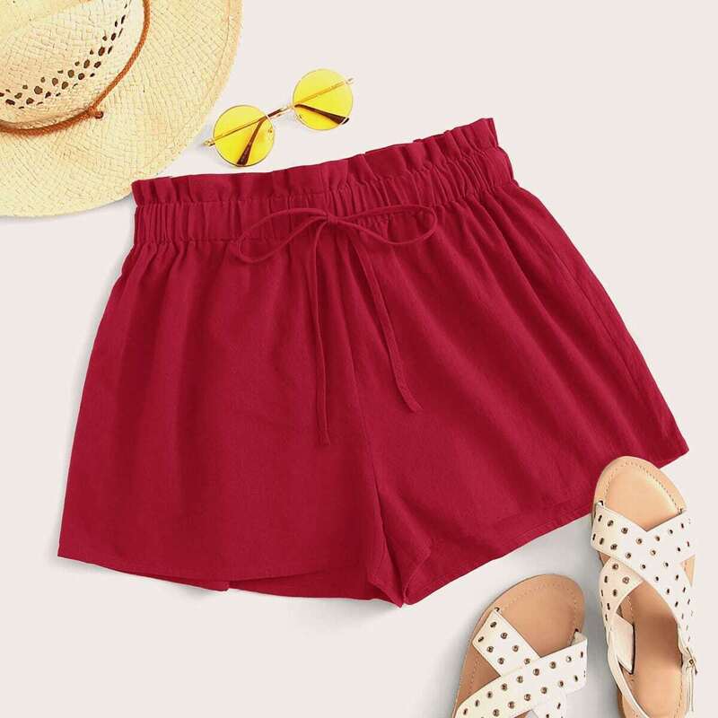

Solid Paperbag Waist Tie Front Shorts, Red