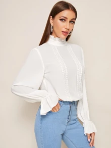 BizChic 荷葉袖蕾絲花邊木耳邊繫帶領上衣工作服 - 白色 - 查看 5