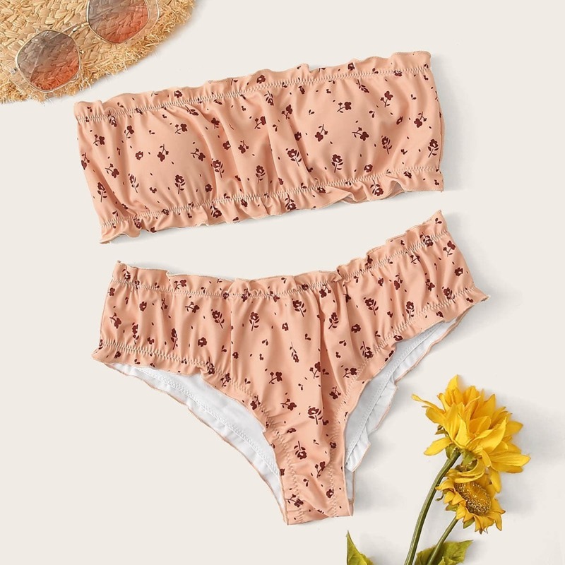 

Floral Frill Trim Bandeau Bikini Set, Khaki
