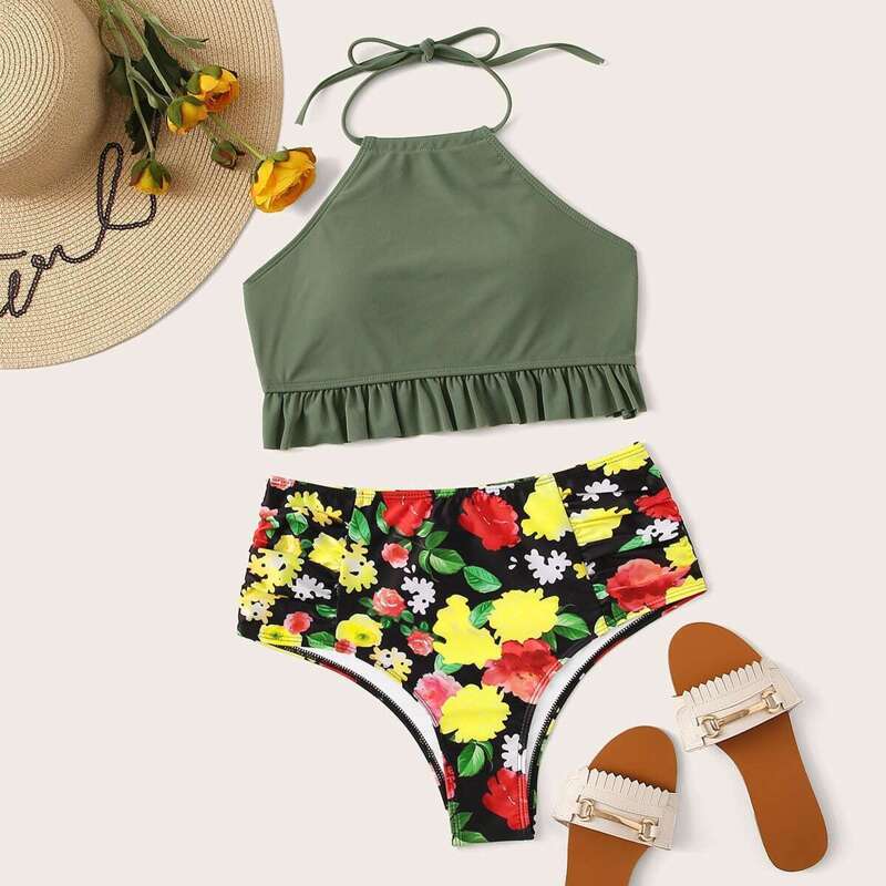 

Ruffle Hem Halter Top With Floral Tankini, Multicolor