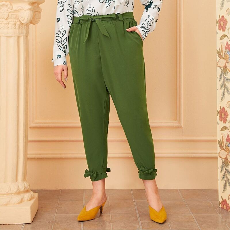 

Plus Tie Waist Knot Detail Pants, Green