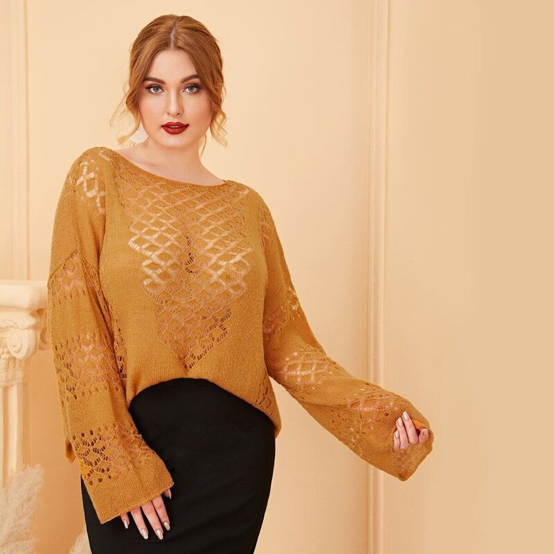 

Plus Drop Shoulder Hollow Out Sweater, Yellow