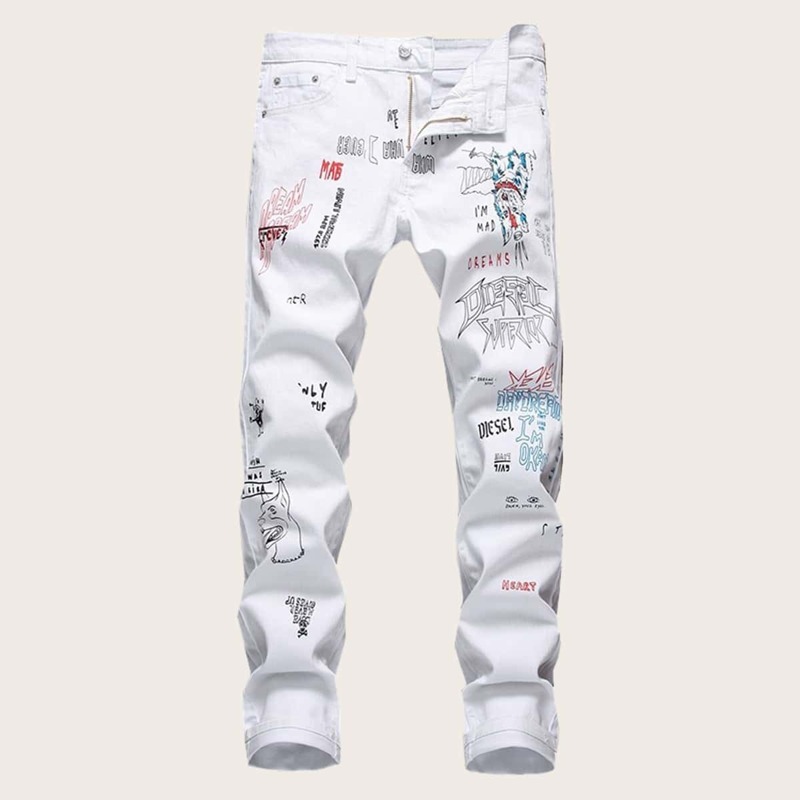 

Guys Letter And Dog Print Jeans, White