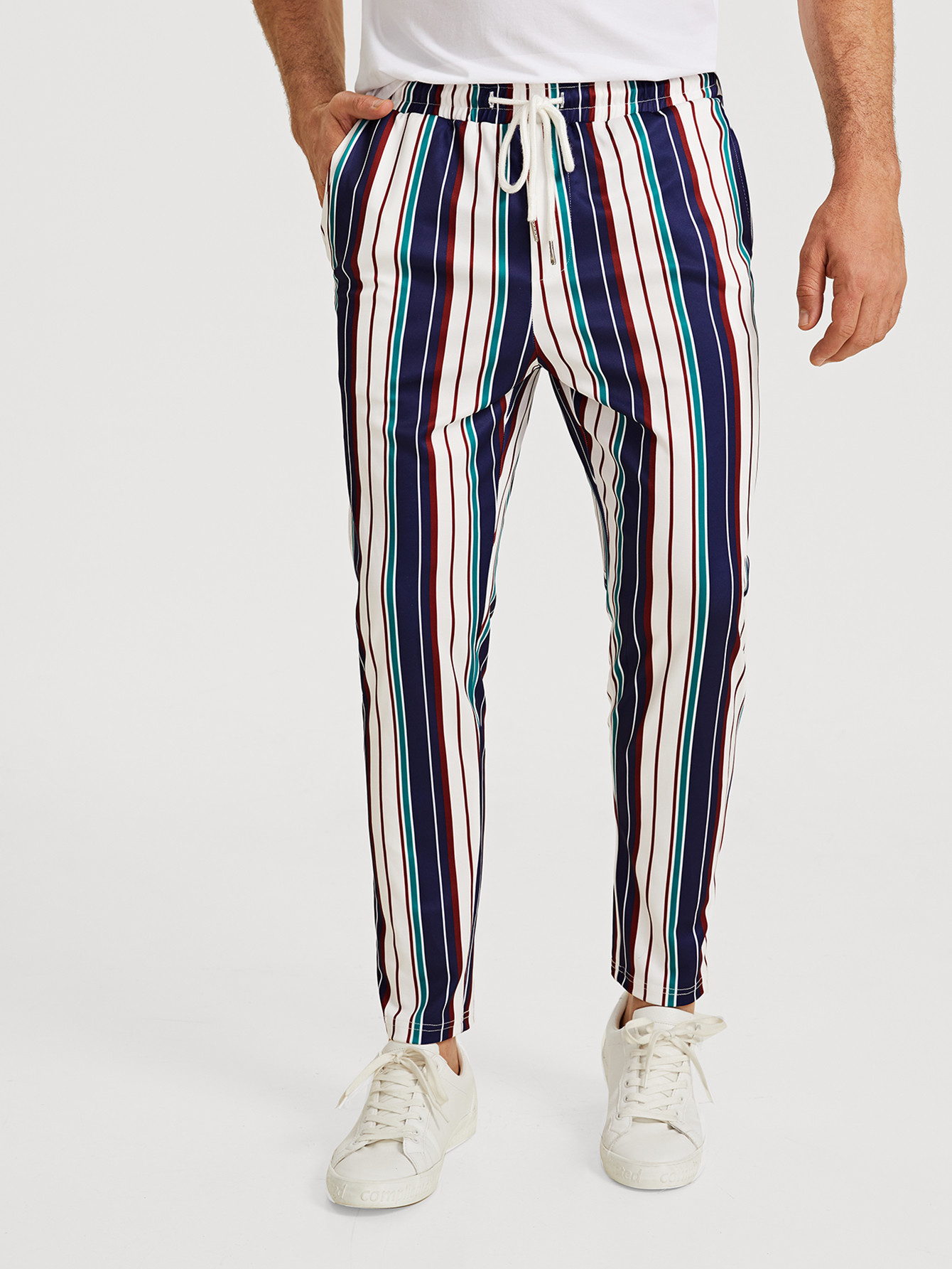 Guys Drawstring Waist Slant Pocket Striped Pants ROMWE