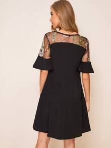 拼接刺繡網紗荷葉邊下擺洋裝 - 黑色 - 查看 2