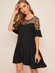 拼接刺繡網紗荷葉邊下擺洋裝 - 黑色 - 查看 4