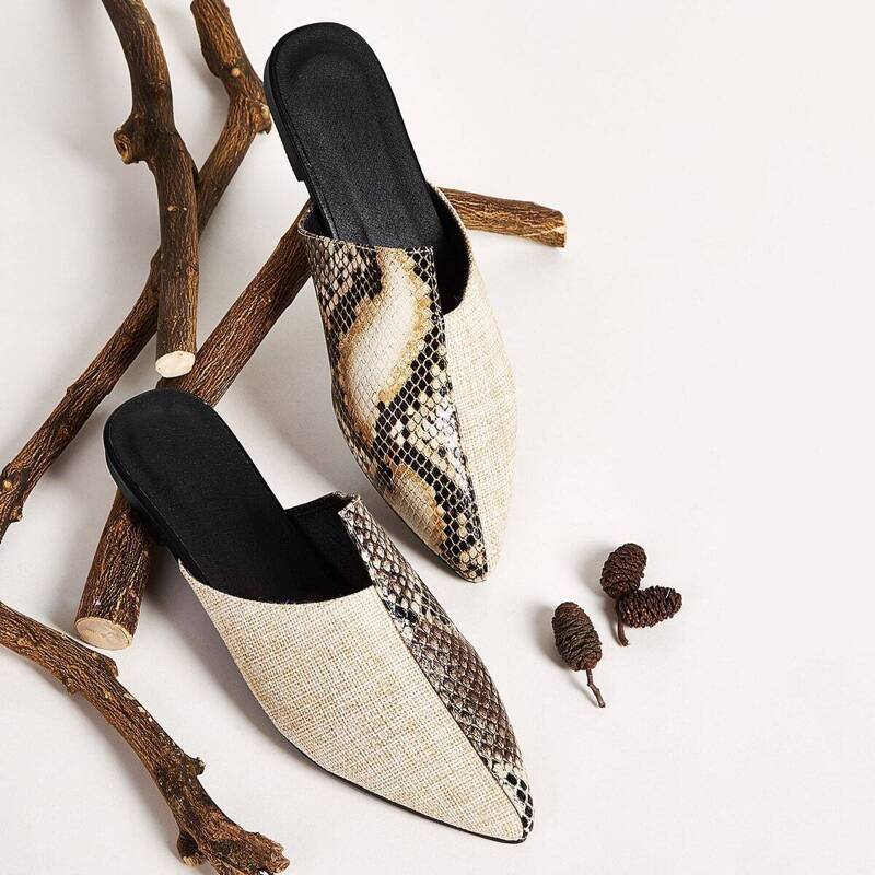 

Point Toe Snakeskin Flat Mules, Multicolor