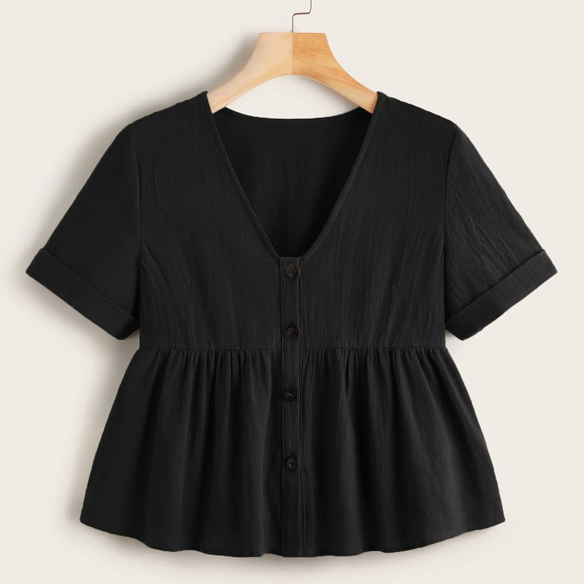 

Button Front Ruffle Hem Somck Blouse, Black
