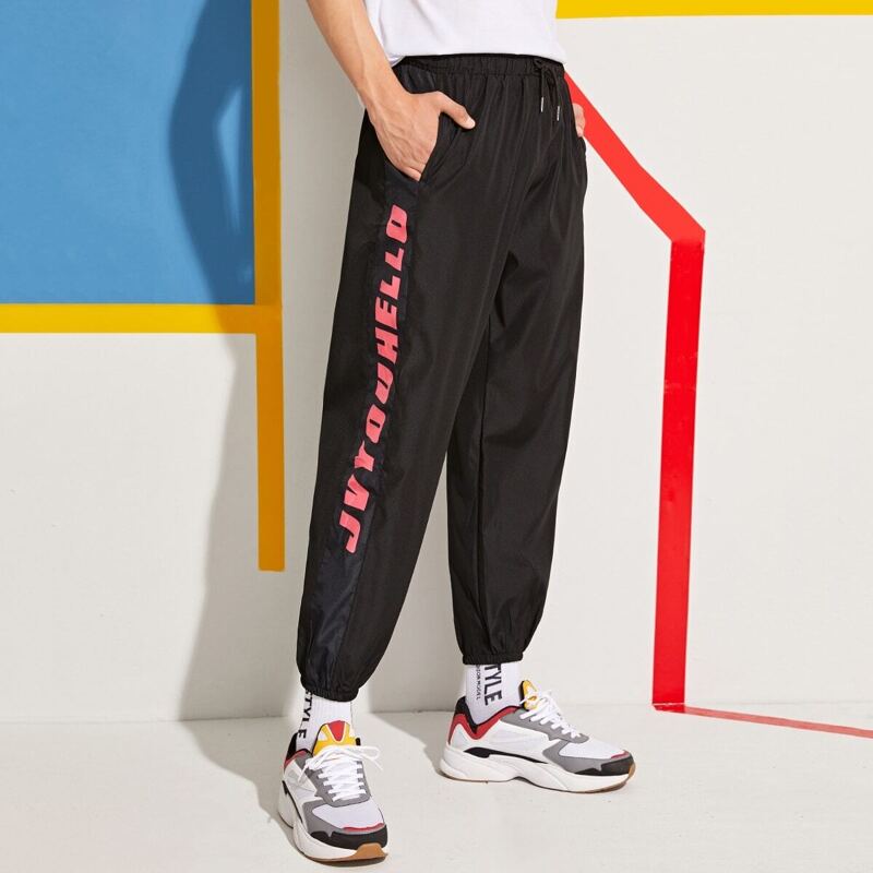 

Guys Letter Print Drawstring Waist Sweatpants, Black