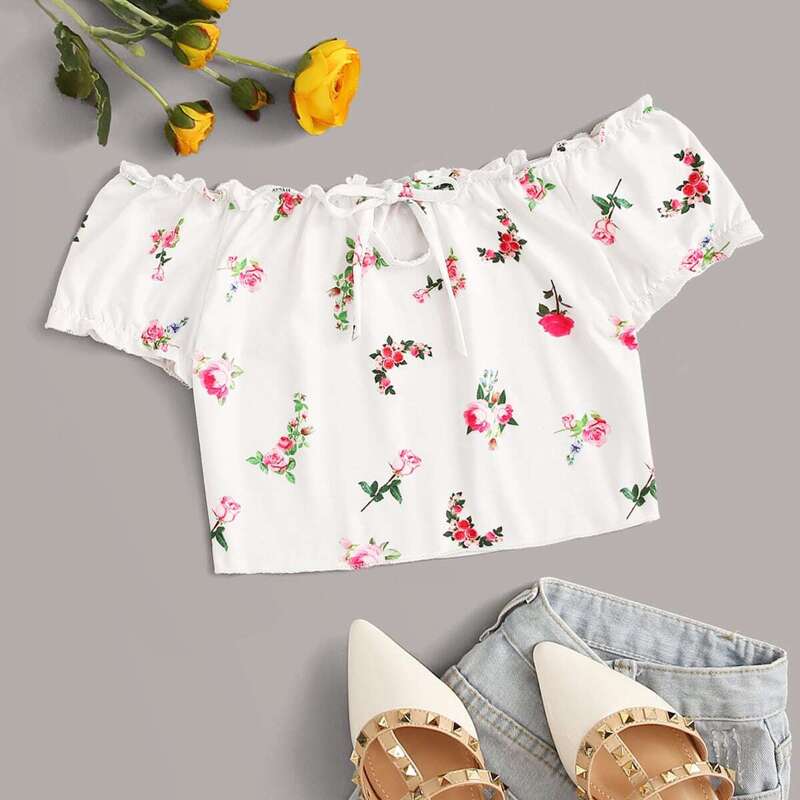 

Tie Neck Ditsy Floral Frill Bardot Top, White