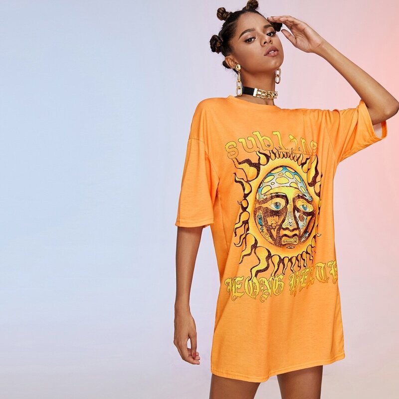 

Cartoon & Letter Print Drop Shoulder Dress, Orange