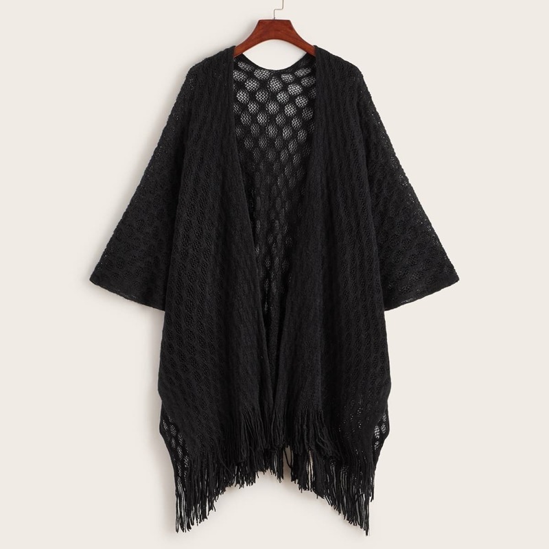 

Fringe Hem Open Front Solid Cardigan, Black