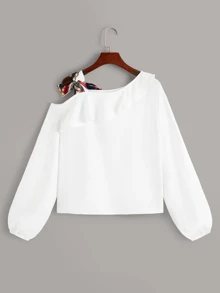 SHEIN LUNE Asymmetrical Tie Neck Ruffle Trim Top