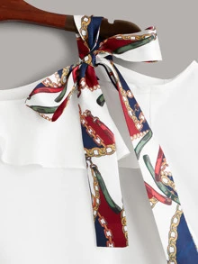 SHEIN LUNE Asymmetrical Tie Neck Ruffle Trim Top