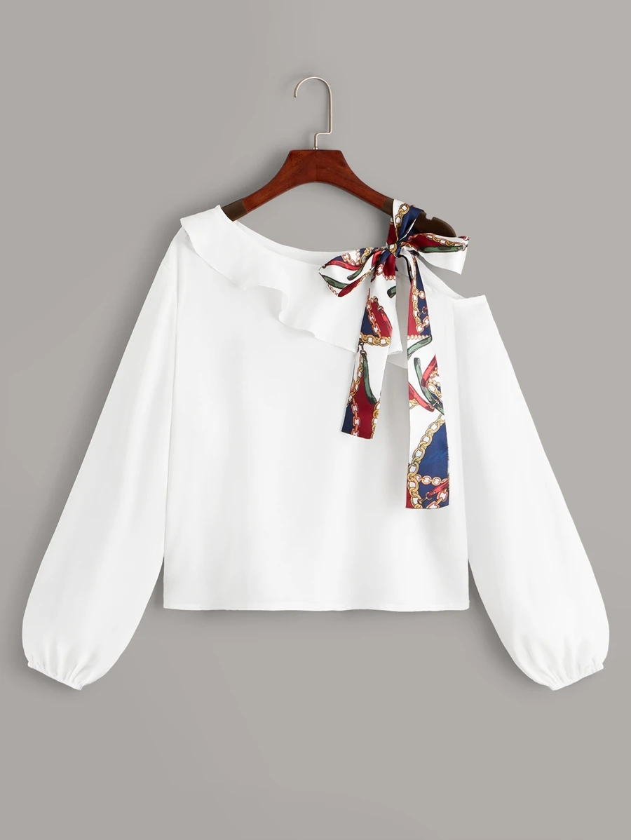 SHEIN LUNE Asymmetrical Tie Neck Ruffle Trim Top