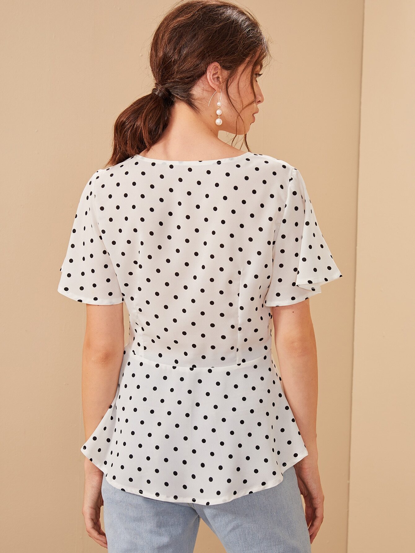 Polka Dot Knot Front Peplum Blouse SHEIN USA