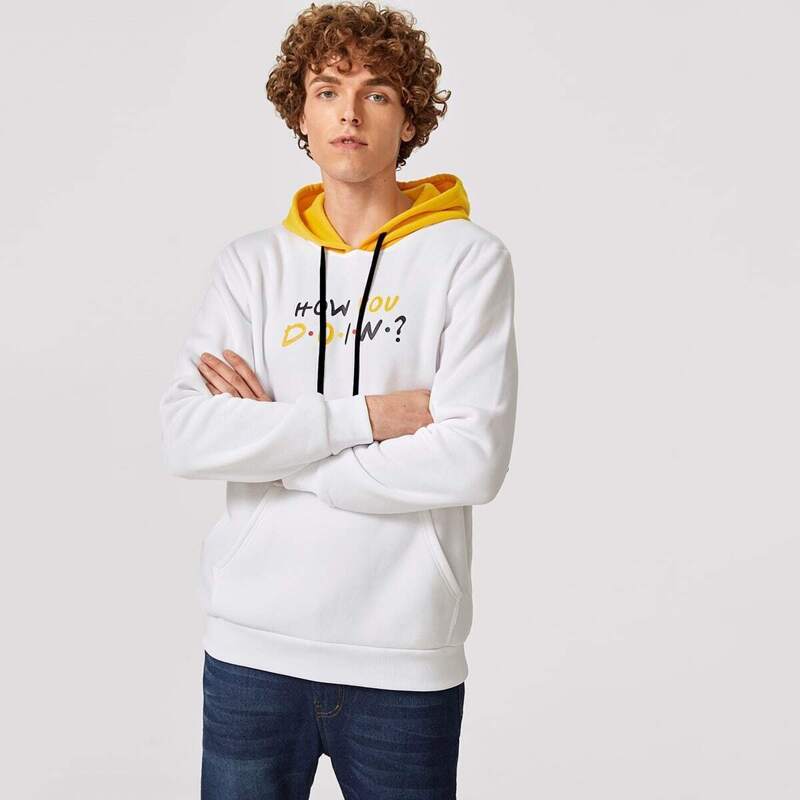 

Guys Slogan Print Contrast Drawstring Hooded Sweatshirt, White