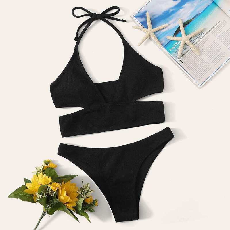 

Cut Out Halter Top With Cheeky Bikini Set, Black