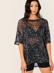 SHEIN BAE Galaxy Print Sheer Mesh Longline Tee - Black - View 1