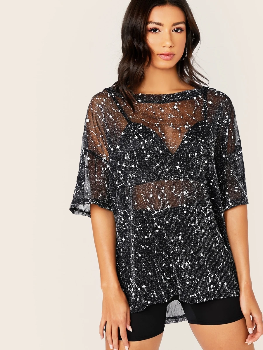 SHEIN BAE Galaxy Print Sheer Mesh Longline Tee - Black - View 1