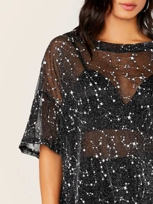SHEIN BAE Galaxy Print Sheer Mesh Longline Tee - Black - View 4