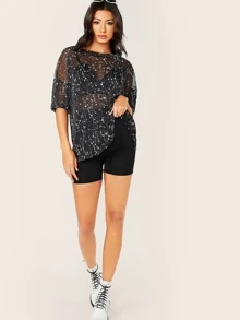 SHEIN BAE Galaxy Print Sheer Mesh Longline Tee - Black - View 5