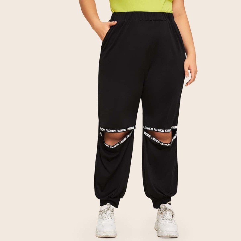 

Plus Letter Print Tape Cut Out Sweatpants, Black