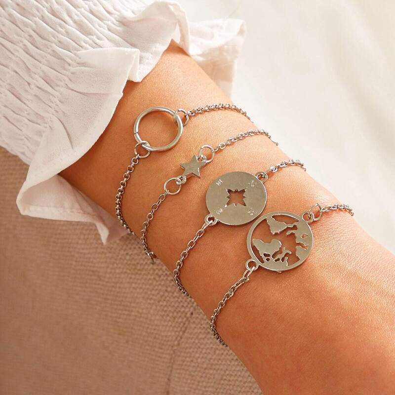

Earth & Circle Decor Chain Bracelet 4pcs, Silver