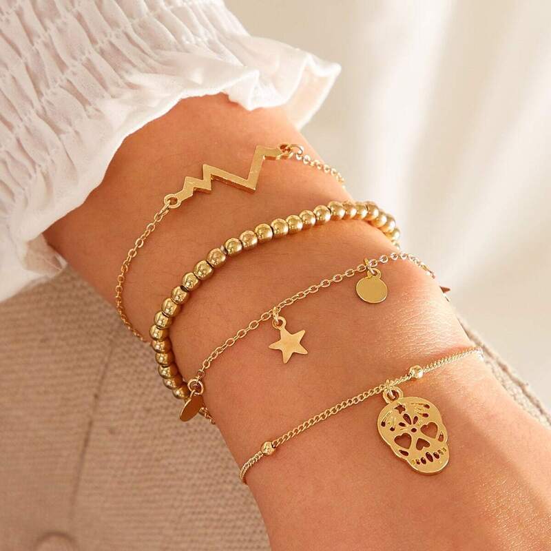 

Skull & Round Decor Bracelet 4pcs, Gold