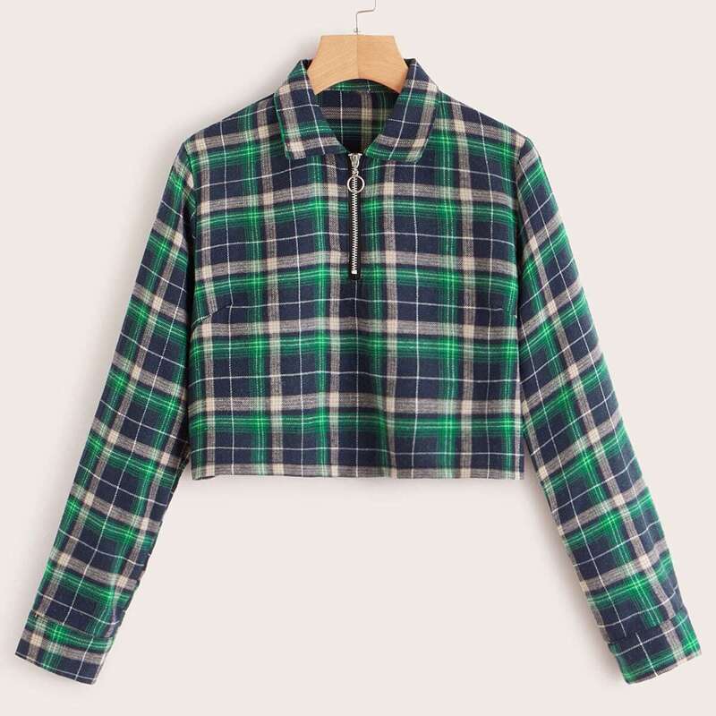 

Tartan Plaid Half Zipper Blouse, Multicolor