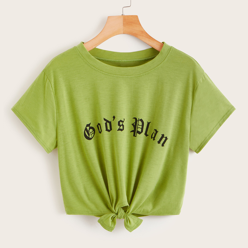 

Letter Print Tie Front Tee, Green
