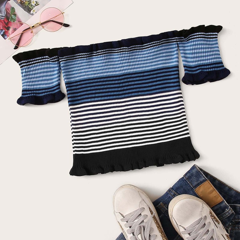 

Striped Lettuce Frill Rib-Knit Top, Multicolor