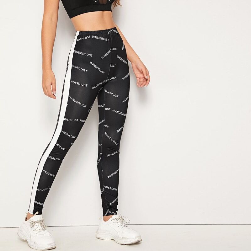 

Elastic Waist Striped Side Letter Print Leggings, Black