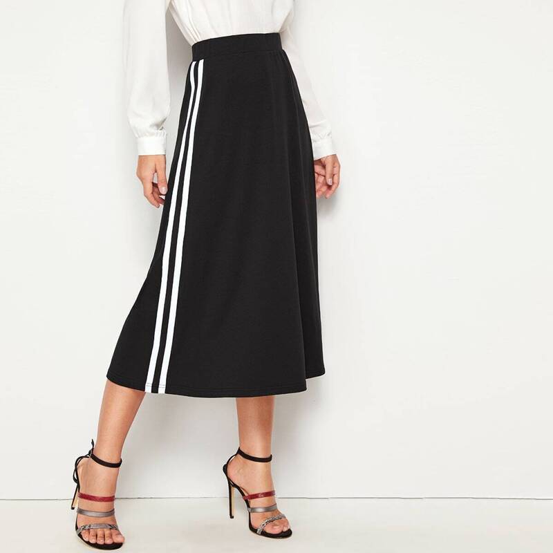 Striped Tape Side High Waist Skirt, Black
