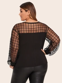 SHEIN Privé 大碼格紋肩部網紗素色上衣 - 黑色 - 查看 2