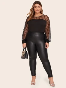 SHEIN Privé 大碼格紋肩部網紗素色上衣 - 黑色 - 查看 3